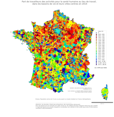 Part de travailleurs des activités pour la santé humaine au lieu de travail - bv2014
Mots-clés: secteur d-activité;lieu de travail;fonction publique ou indépendance;bassins de vie