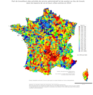 Part de travailleurs des activités de service administratif et de soutien au lieu de travail - bv2014
Mots-clés: secteur d-activité;lieu de travail;bassins de vie