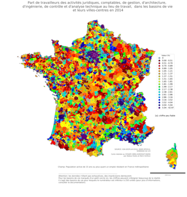 Part de travailleurs des activités juridiques, comptables, de gestion, d'architecture, d'ingénierie, de contrôle et d'analyse technique au lieu de travail - bv2014
Mots-clés: secteur d-activité;lieu de travail;bassins de vie