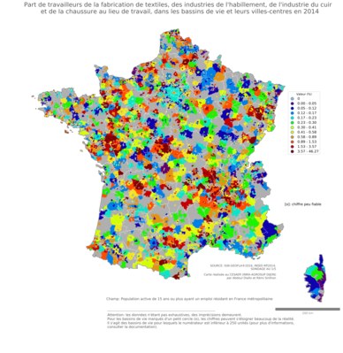 Part de travailleurs de la fabrication de textiles, des industries de l'habillement, de l'industrie du cuir et de la chaussure au lieu de travail - bv2014
Mots-clés: secteur d-activité;lieu de travail;bassins de vie