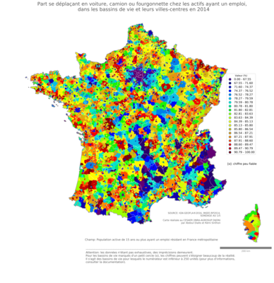 Part se déplaçant en voiture, camion ou fourgonnette chez les actifs ayant un emploi - bv2014
Mots-clés: transports;bassins de vie