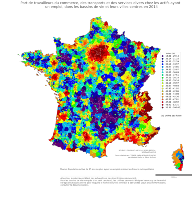 Part de travailleurs du commerce, des transports et des services divers chez les actifs ayant un emploi - bv2014
Mots-clés: secteur d-activité;bassins de vie