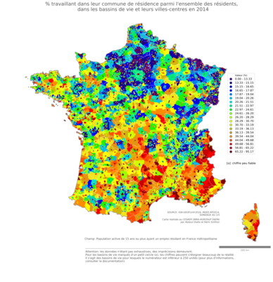 % travaillant dans leur commune de résidence parmi l'ensemble des résidents - bv2014
Mots-clés: résidence et logement;bassins de vie