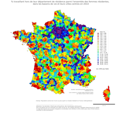 % travaillant hors de leur département de résidence parmi l'ensemble des femmes résidentes - bv2014
Mots-clés: résidence et logement;sexe;femmes;bassins de vie