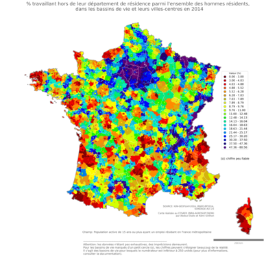 % travaillant hors de leur département de résidence parmi l'ensemble des hommes résidents - bv2014
Mots-clés: résidence et logement;sexe;hommes;bassins de vie