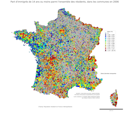 Part d'immigrés de 14 ans ou moins parmi l'ensemble des résidents - com2006
Mots-clés: immigration;âge;classes populaires;communes