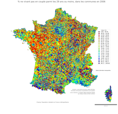 Part ne vivant pas en couple parmi les 29 ans ou moins - com2006
Mots-clés: couple;âge;communes