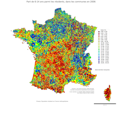 Part de 6'14 ans parmi les résidents - com2006
Mots-clés: âge;famille et enfants;communes