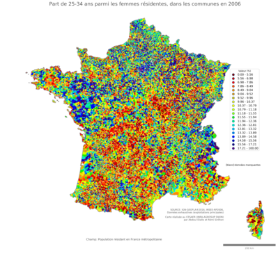 Part de 25'34 ans parmi les femmes résidentes - com2006
Mots-clés: âge;sexe;femmes;communes