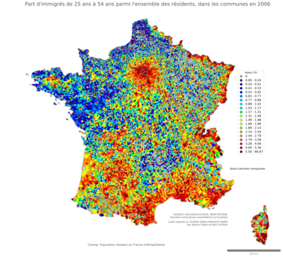 Part d'immigrés de 25 ans à 54 ans parmi l'ensemble des résidents - com2006
Mots-clés: immigration;âge;classes populaires;communes