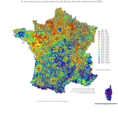 Part ne vivant pas en couple parmi les 30'49 ans - com2006
Mots-clés: couple;âge;communes