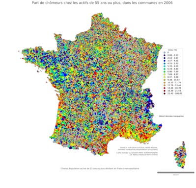 Part de chômeurs chez les actifs de 55 ans ou plus - com2006
Mots-clés: chômage;âge;classes populaires;communes