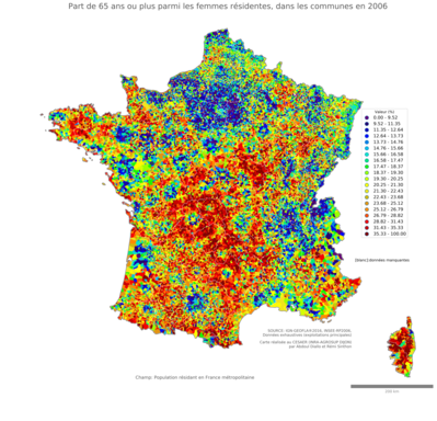 Part de 65 ans ou plus parmi les femmes résidentes - com2006
Mots-clés: âge;sexe;femmes;communes