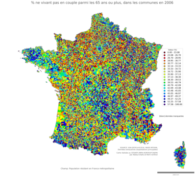 Part ne vivant pas en couple parmi les 65 ans ou plus - com2006
Mots-clés: couple;âge;communes