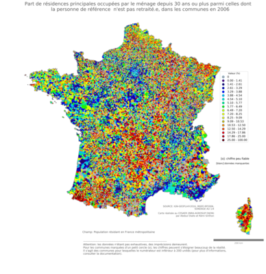 Part de résidences principales occupées par le ménage depuis 30 ans ou plus parmi celles dont la personne de référence n'est pas retraité.e - com2006
Mots-clés: résidence et logement;âge;communes