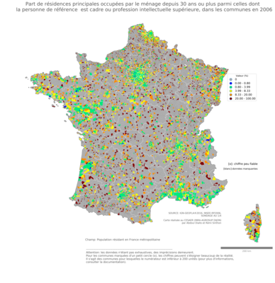 Part de résidences principales occupées par le ménage depuis 30 ans ou plus parmi celles dont la personne de référence est cadre ou profession intellectuelle supérieure - com2006
Mots-clés: résidence et logement;profession;classes supérieures;communes