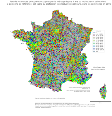 Part de résidences principales occupées par le ménage depuis 4 ans ou moins parmi celles dont la personne de référence est cadre ou profession intellectuelle supérieure - com2006
Mots-clés: résidence et logement;profession;classes supérieures;communes