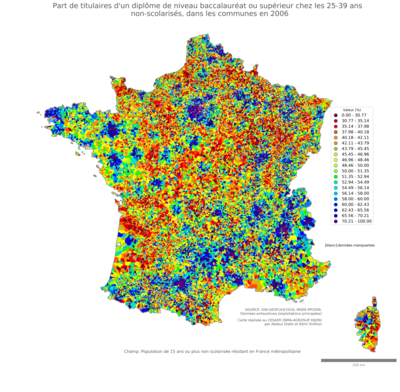 Part de titulaires d'un diplôme de niveau baccalauréat ou supérieur chez les 25'39 ans non'scolarisés - com2006
Mots-clés: études et diplôme;âge;communes