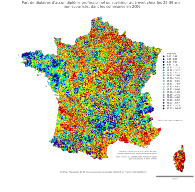 Part de titulaires d'aucun diplôme professionnel ou supérieur au brevet chez les 25'39 ans non'scolarisés - com2006
Mots-clés: études et diplôme;âge;classes populaires;communes