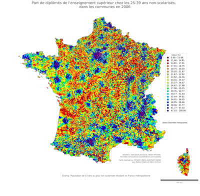 Part de diplômés de l'enseignement supérieur chez les 25'39 ans non'scolarisés - com2006
Mots-clés: études et diplôme;âge;classes supérieures;communes