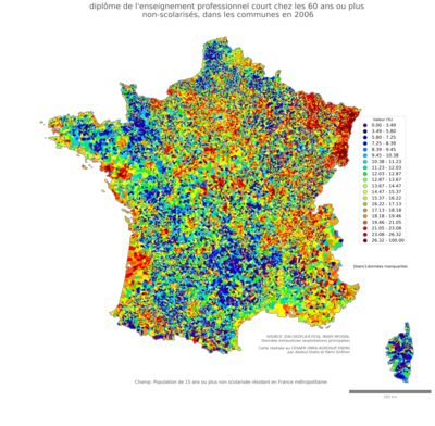  diplôme de l'enseignement professionnel court chez les 60 ans ou plus non'scolarisés - com2006
Mots-clés: études et diplôme;âge;classes populaires;communes