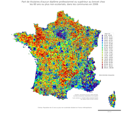 Part de titulaires d'aucun diplôme professionnel ou supérieur au brevet chez les 60 ans ou plus non'scolarisés - com2006
Mots-clés: études et diplôme;âge;classes populaires;communes