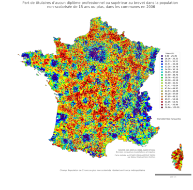 Part de titulaires d'aucun diplôme professionnel ou supérieur au brevet dans la population non'scolarisée de 15 ans ou plus - com2006
Mots-clés: études et diplôme;classes populaires;communes