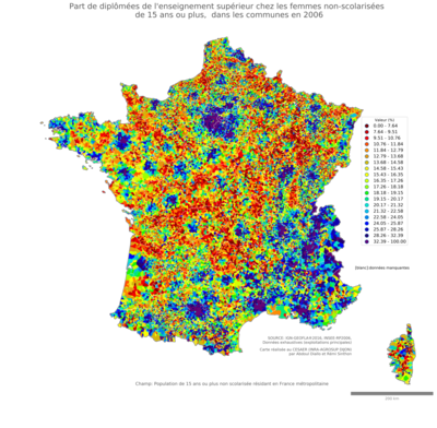 Part de diplômées de l'enseignement supérieur chez les femmes non'scolarisées de 15 ans ou plus - com2006
Mots-clés: études et diplôme;sexe;femmes;classes supérieures;communes