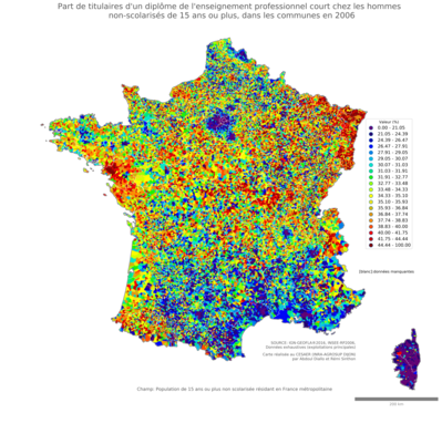 Part de titulaires d'un diplôme de l'enseignement professionnel court chez les hommes non'scolarisés de 15 ans ou plus - com2006
Mots-clés: études et diplôme;sexe;hommes;classes populaires;communes