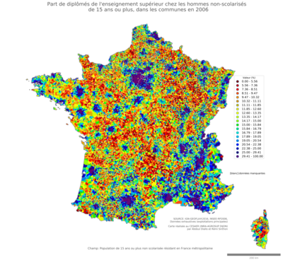 Part de diplômés de l'enseignement supérieur chez les hommes non'scolarisés de 15 ans ou plus - com2006
Mots-clés: études et diplôme;sexe;hommes;classes supérieures;communes