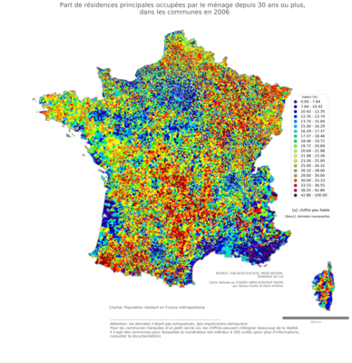 Part de résidences principales occupées par le ménage depuis 30 ans ou plus - com2006
Mots-clés: résidence et logement;communes