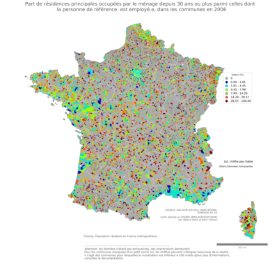 Part de résidences principales occupées par le ménage depuis 30 ans ou plus parmi celles dont la personne de référence est employé.e - com2006
Mots-clés: résidence et logement;profession;classes populaires;communes