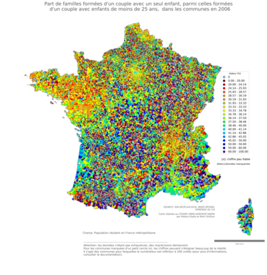 Part de familles formées d'un couple avec un seul enfant, parmi celles formées d'un couple avec enfants de moins de 25 ans - com2006
Mots-clés: famille et enfants;communes