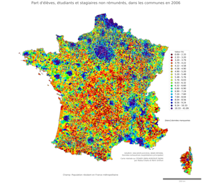 Part d'élèves, étudiants et stagiaires non rémunérés - com2006
Mots-clés: études et diplôme;communes