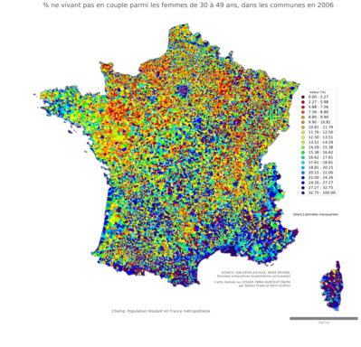 Part ne vivant pas en couple parmi les femmes de 30 à 49 ans - com2006
Mots-clés: couple;âge;sexe;femmes;communes