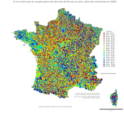 Part ne vivant pas en couple parmi les femmes de 65 ans ou plus - com2006
Mots-clés: couple;âge;sexe;femmes;communes