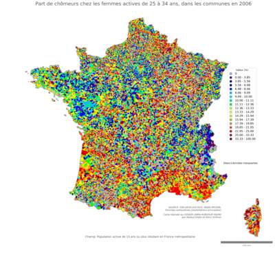 Part de chômeurs chez les femmes actives de 25 à 34 ans - com2006
Mots-clés: chômage;sexe;femmes;âge;classes populaires;communes