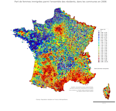 Part de femmes immigrées parmi l'ensemble des résidents - com2006
Mots-clés: immigration;sexe;femmes;classes populaires;communes