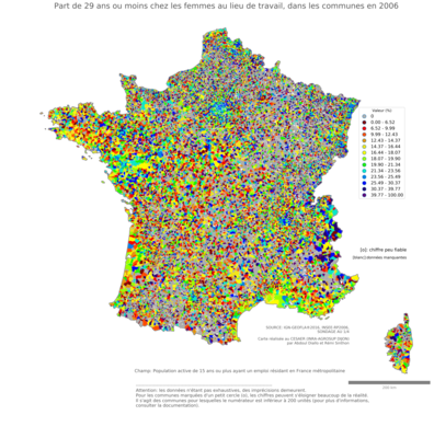 Part de 29 ans ou moins chez les femmes au lieu de travail - com2006
Mots-clés: âge;lieu de travail;communes