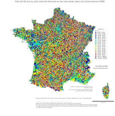 Part de 50 ans ou plus chez les femmes au lieu de travail - com2006
Mots-clés: âge;lieu de travail;communes