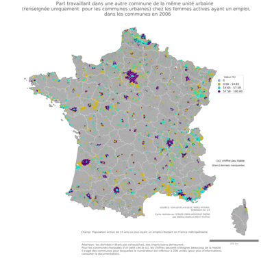 Part travaillant dans une autre commune de la même unité urbaine (renseignée uniquement pour les communes urbaines) chez les femmes actives ayant un emploi - com2006
Mots-clés: lieu de travail;conditions de travail et d-emploi;sexe;femmes;communes