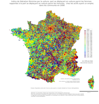 Indice de libération féminine par la voiture: part se déplaçant en voiture parmi les femmes rapportée à la part se déplaçant en voiture parmi les hommes, chez les actifs ayant un emploi - com2006
Mots-clés: transports;conditions d-existence;sexe;communes