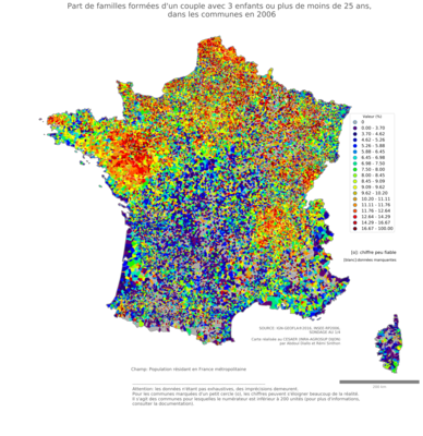 Part de familles formées d'un couple avec 3 enfants ou plus de moins de 25 ans - com2006
Mots-clés: famille et enfants;communes