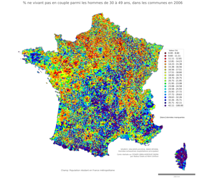 Part ne vivant pas en couple parmi les hommes de 30 à 49 ans - com2006
Mots-clés: couple;âge;sexe;hommes;communes