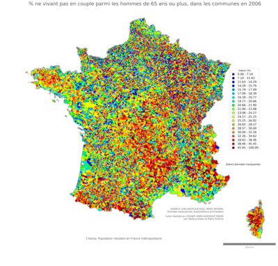 Part ne vivant pas en couple parmi les hommes de 65 ans ou plus - com2006
Mots-clés: couple;âge;sexe;hommes;communes