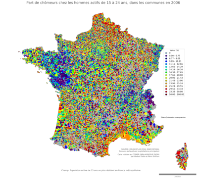 Part de chômeurs chez les hommes actifs de 15 à 24 ans - com2006
Mots-clés: chômage;sexe;hommes;âge;classes populaires;communes