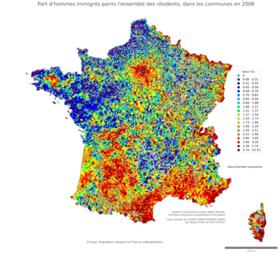 Part d'hommes immigrés parmi l'ensemble des résidents - com2006
Mots-clés: immigration;sexe;hommes;classes populaires;communes