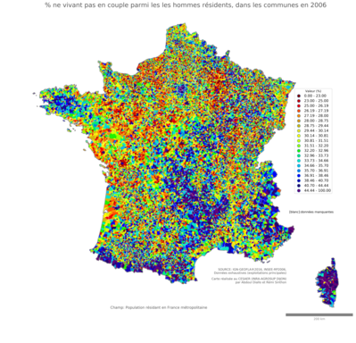 Part ne vivant pas en couple parmi les les hommes résidents - com2006
Mots-clés: couple;sexe;hommes;communes