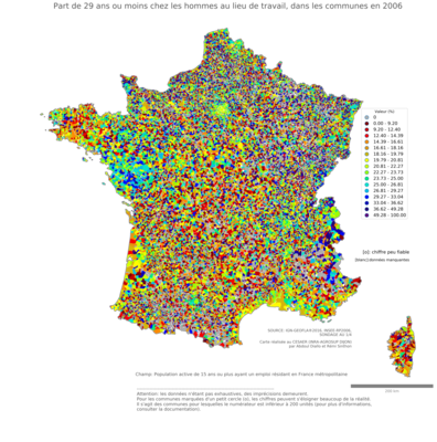 Part de 29 ans ou moins chez les hommes au lieu de travail - com2006
Mots-clés: âge;lieu de travail;communes