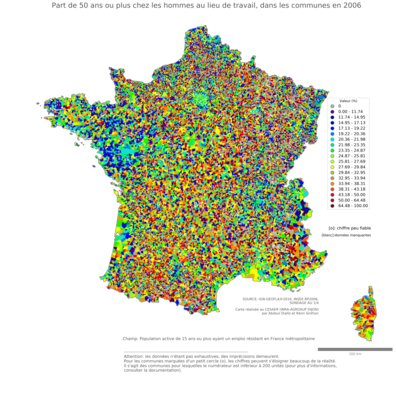 Part de 50 ans ou plus chez les hommes au lieu de travail - com2006
Mots-clés: âge;lieu de travail;communes